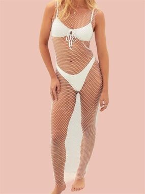 Lulus Sunlight Sparkle White Fishnet‎ Sheer Rhinestone Maxi Swim Cover-Up